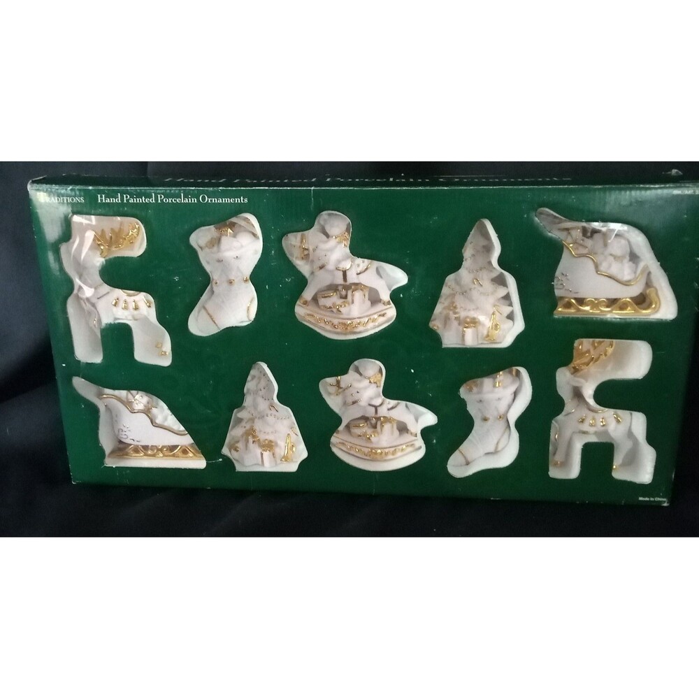 Traditions Hand Painted Porcelain Ornaments w/Gold Accents Set of 10
